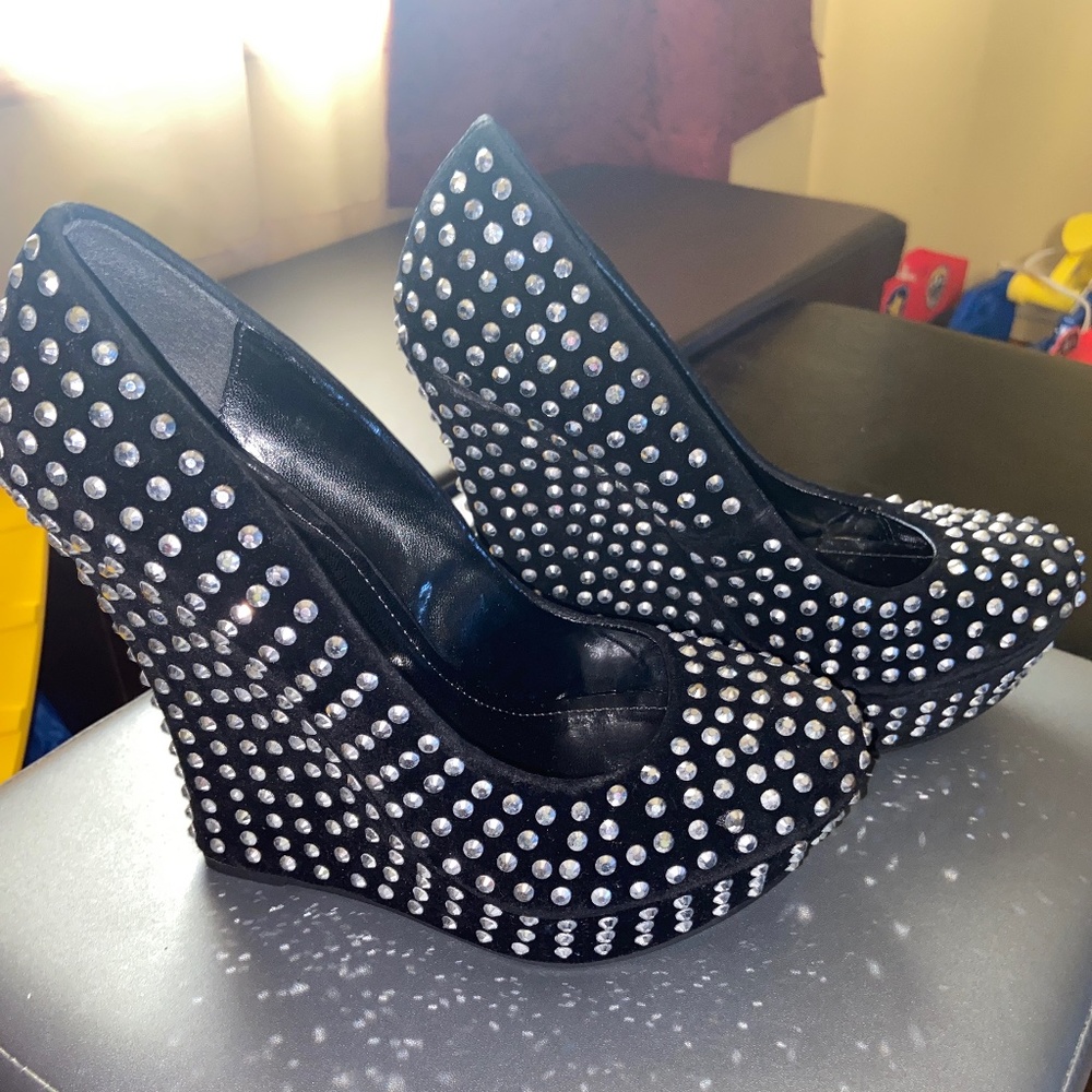 Brand New Black Suede Wedges w/Sparkly Gems